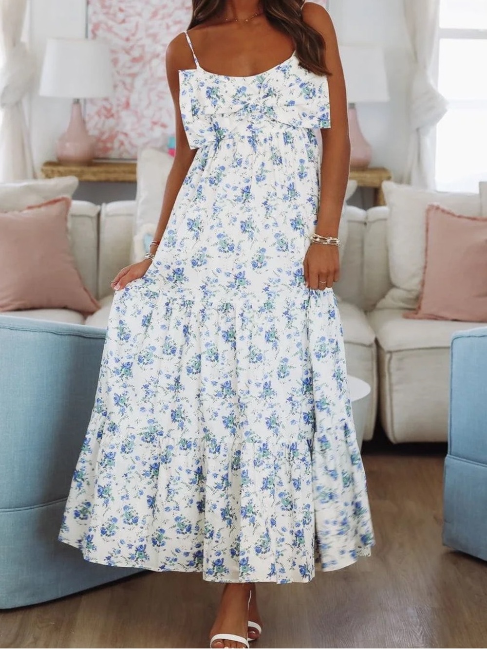 Stories Spaghetti-Strap Bow Front White Maxi Dress with Blue Floral Print